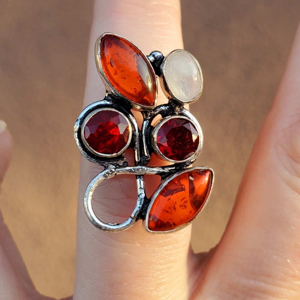 New Amber, Garnet & Rainbow Moonstone 925 Silver Ring. - Picture 7 of 16